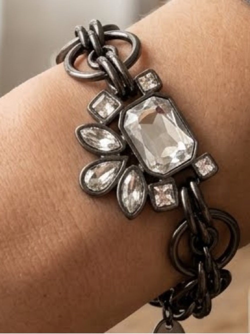 White House Black Market Gunmetal Bracelet with Clear Crystal Accents